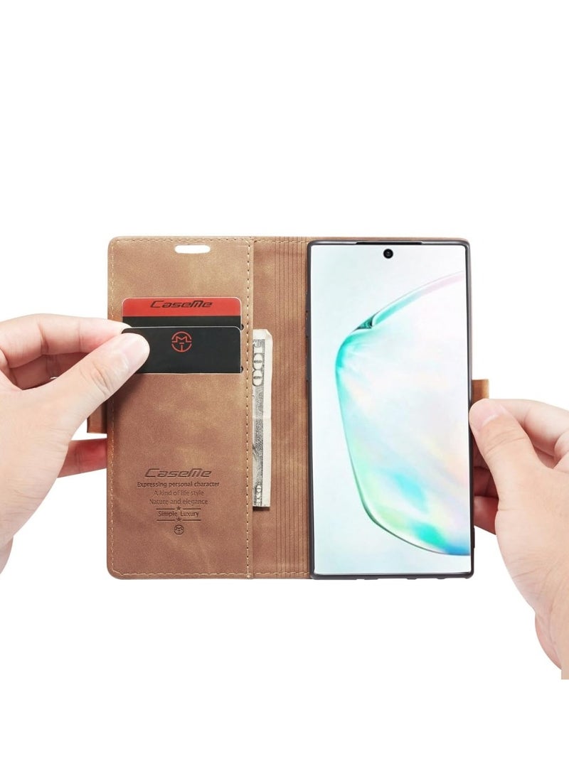 CaseMe Phone Case Luxury PU Leather Design 013 Flip Cover Card Slot Holder Cover For Samsung Galaxy Note 10 (Brown)  - Image 3