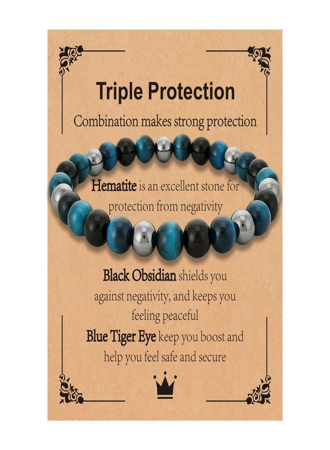 LUDKCCIR Valentines Day Gifts for Him Men, Triple Protection Hematite Bracelet for Men, Blue Tiger Eye Black Obsidian Beaded Natural Stone Healing Bracelet Man Jewelry for Birthday Christmas - Image 1