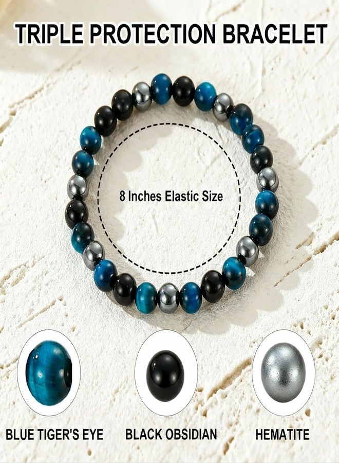 LUDKCCIR Valentines Day Gifts for Him Men, Triple Protection Hematite Bracelet for Men, Blue Tiger Eye Black Obsidian Beaded Natural Stone Healing Bracelet Man Jewelry for Birthday Christmas - Image 2