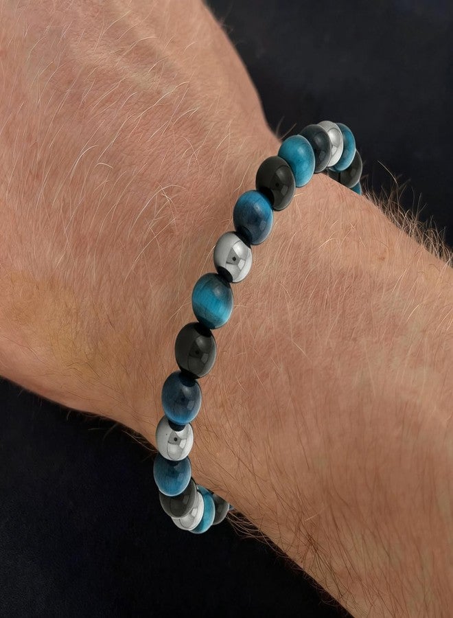 LUDKCCIR Valentines Day Gifts for Him Men, Triple Protection Hematite Bracelet for Men, Blue Tiger Eye Black Obsidian Beaded Natural Stone Healing Bracelet Man Jewelry for Birthday Christmas - Image 5
