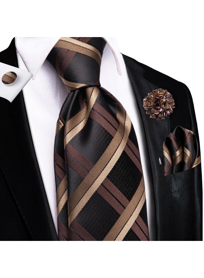 Hi-Tie Silk Ties for Men Woven Mens Ties with Lapel Pin Pocket Square Cufflinks Business Formal Necktie for Wedding Prom，Brown and Black - Image 2