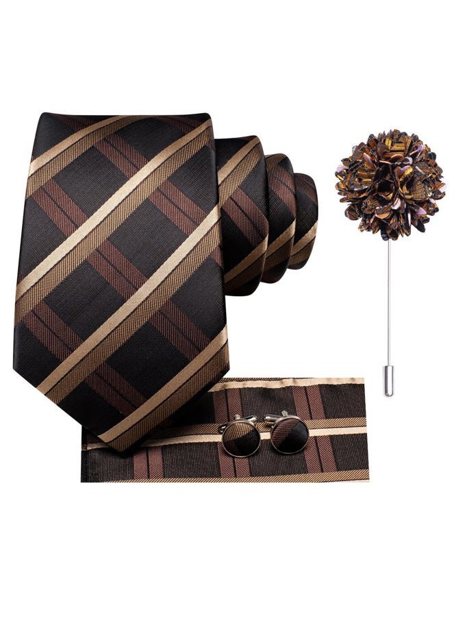 Hi-Tie Silk Ties for Men Woven Mens Ties with Lapel Pin Pocket Square Cufflinks Business Formal Necktie for Wedding Prom，Brown and Black - Image 3