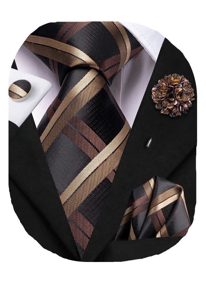 Hi-Tie Silk Ties for Men Woven Mens Ties with Lapel Pin Pocket Square Cufflinks Business Formal Necktie for Wedding Prom，Brown and Black - Image 1