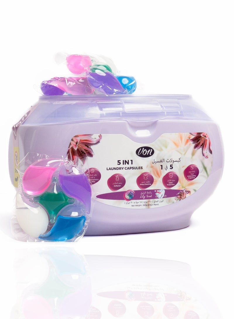VON 5-in-1 Laundry Capsules – Lily Scent (18 Pods) - Image 1
