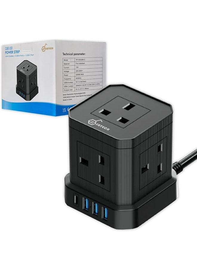 SRTECH SRTECH, Power Strip, 5-Way Plug extension Cord - Power Extension socket with multi Charging stations, Durable fused cord, Cube design, 1-Year warranty (1 USB-C + 3 USB-A)  - Image 1