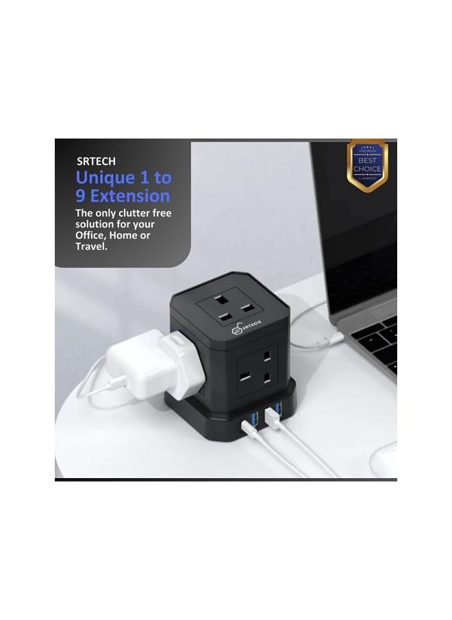 SRTECH SRTECH, Power Strip, 5-Way Plug extension Cord - Power Extension socket with multi Charging stations, Durable fused cord, Cube design, 1-Year warranty (1 USB-C + 3 USB-A)  - Image 2