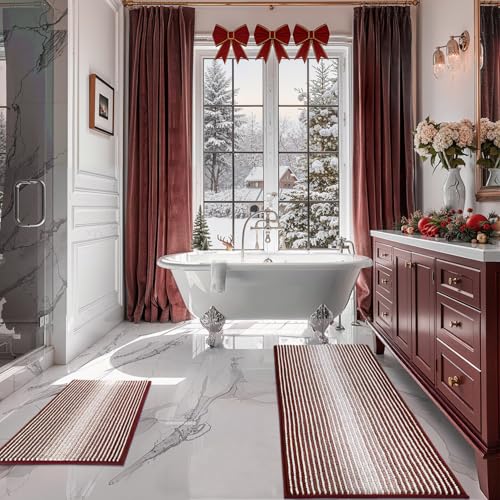 BSICPRO Bathroom Rugs and Mats Sets, 2 Piece Thick Absorbent Chenille Bath Mat Rug Set Non Slip, Soft Shaggy Bath Room Floor Mats for Bathroom, Machine Washable (Burgundy Red, 20" x 47" Plus 16" x 24") - Image 1