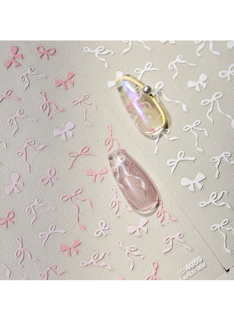 2pcs Sweet Pink White Bow Nail Stickers for Manicure, Cute Wavy Ribbon Bow Nails, Decorative Nail Stickers, Women's Nail Art Supplies Nail Accessories - Image 1