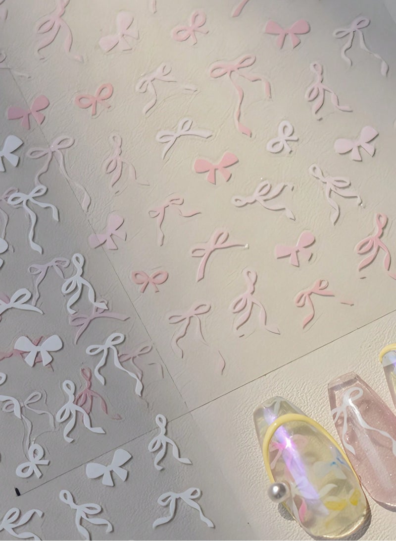 2pcs Sweet Pink White Bow Nail Stickers for Manicure, Cute Wavy Ribbon Bow Nails, Decorative Nail Stickers, Women's Nail Art Supplies Nail Accessories - Image 2