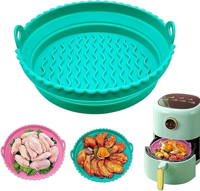 Air Fryer Liners, 2 Large Air Fryer Silicone Pot, Hot Air Fryer Silicone Baking Tray, Silicone Mould for Hot Air, Green Pink Air Fryer Accessories Suitable for Oven Microwave Sold by volura