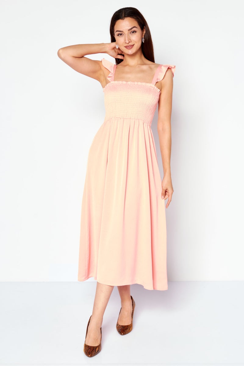 INC Women Ruched Midi Dress, Coral Pink - Image 1
