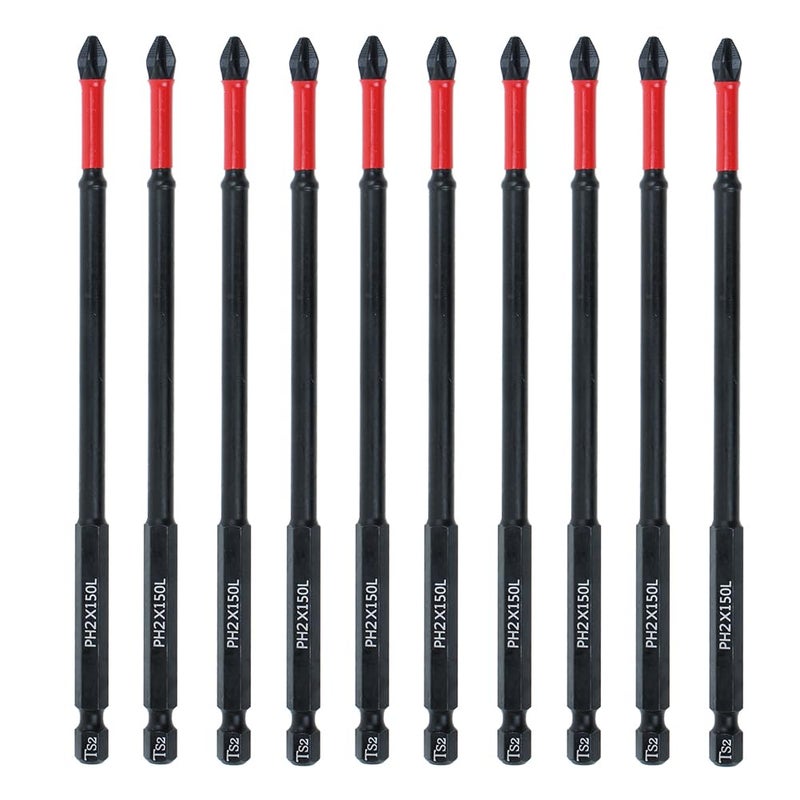 AUTOTOOLHOME 10 Pack Phillips PH2 Magnetic Anti Slip Screwdriver Bit Set 6 inch Length TS2 AntiSlip Long Drill Bits Impact Driver Bits