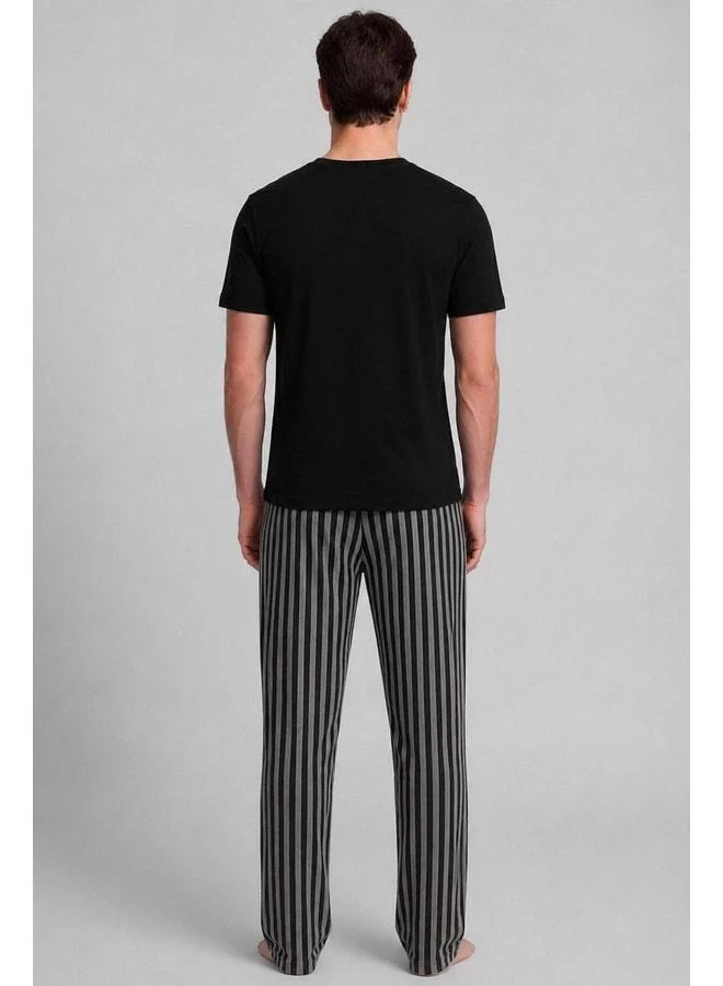 Aytuğ Cotton Short Sleeve Pajama Set Black-Stone Striped.