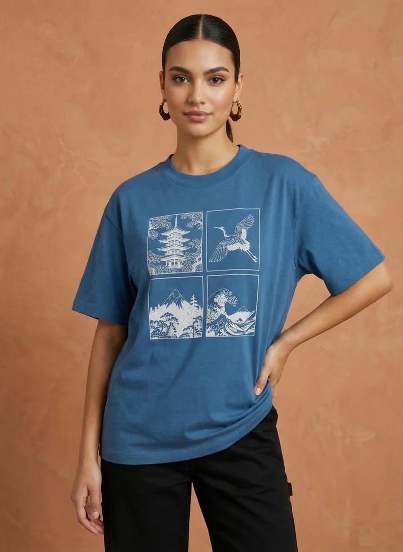 نوبيرو Nobero Oversized Graphic Print T-shirt