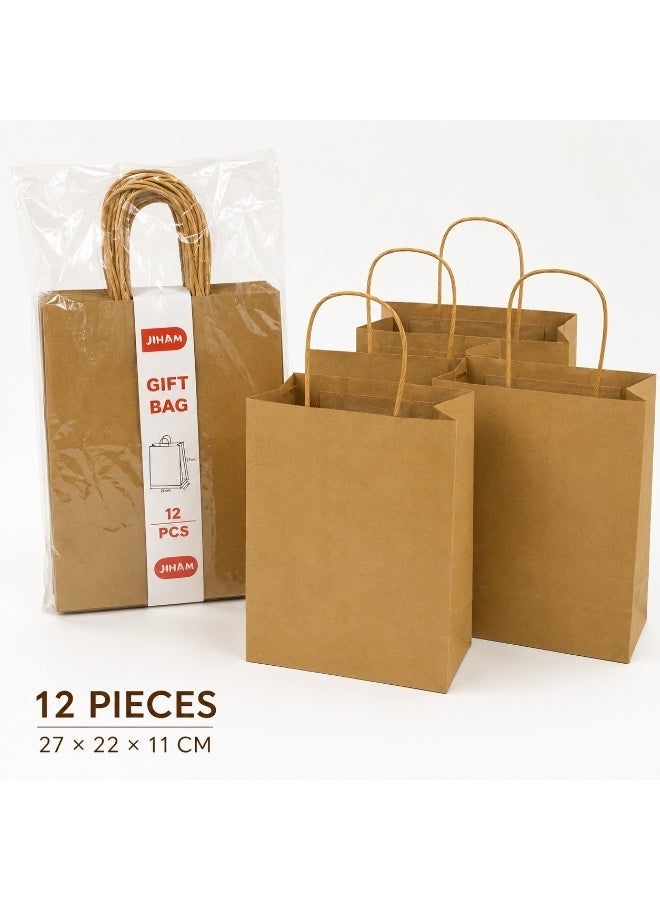 JIHAM 12-Pack Kraft Paper Gift Bags with Handles, 27 x 22 x 11 cm Paper Gift Bags for Birthday, Wedding, Party, Shopping, Packaging, Retail & Gift Giving - Image 1