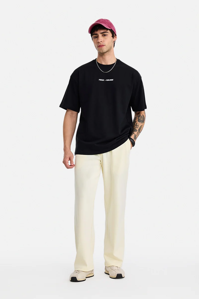 SNITCH Off White Textured Loose Fit Casual Trousers