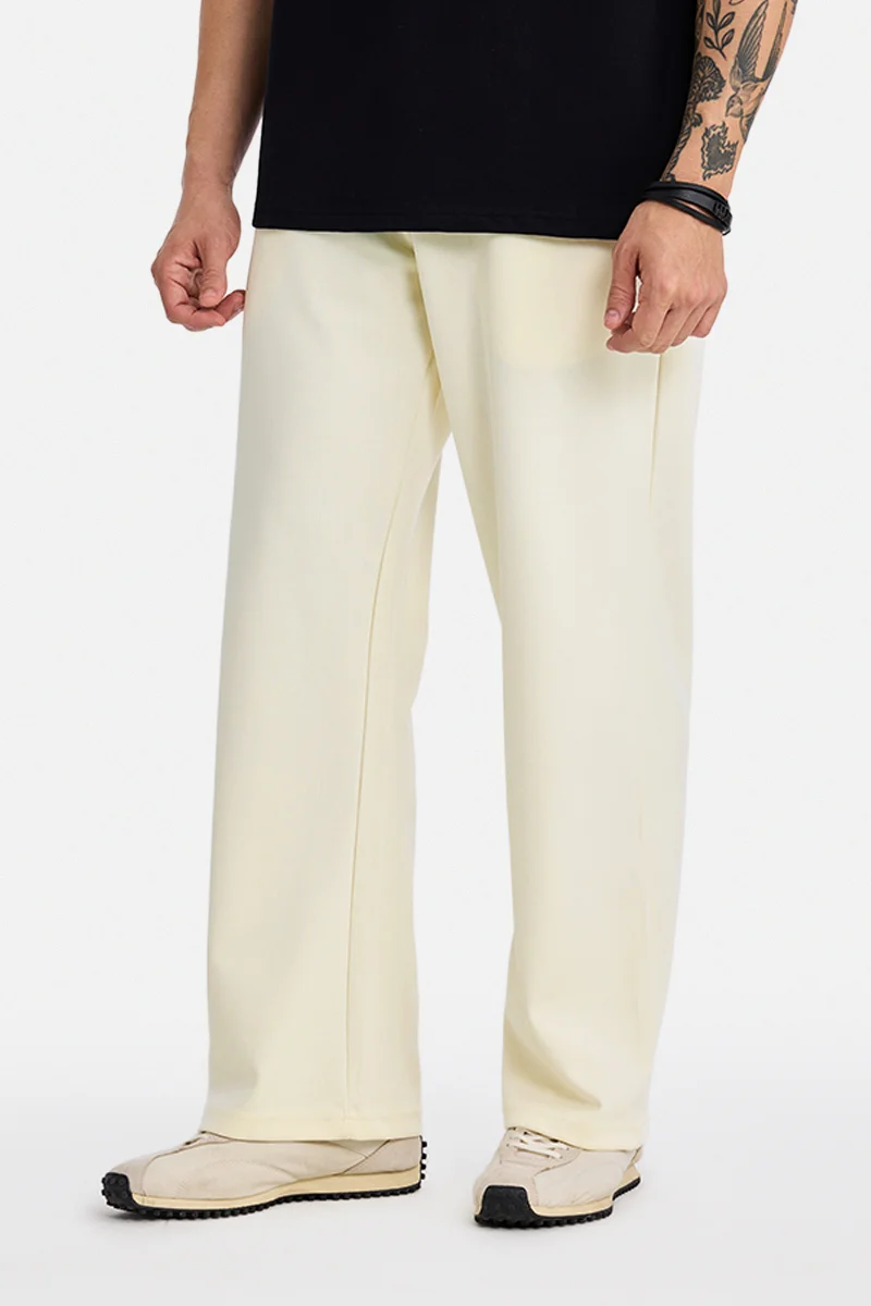 SNITCH Off White Textured Loose Fit Casual Trousers