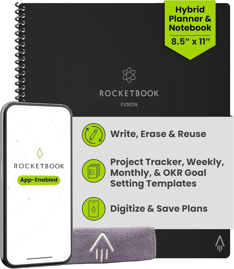 Rocketbook Fusion Reusable Undated Productivity Planner, Letter Size 8.5x11, Black - Goals, Monthly and Weekly Calendar, Daily To-do List, Lined and Dotted Notes Pages - Image 1