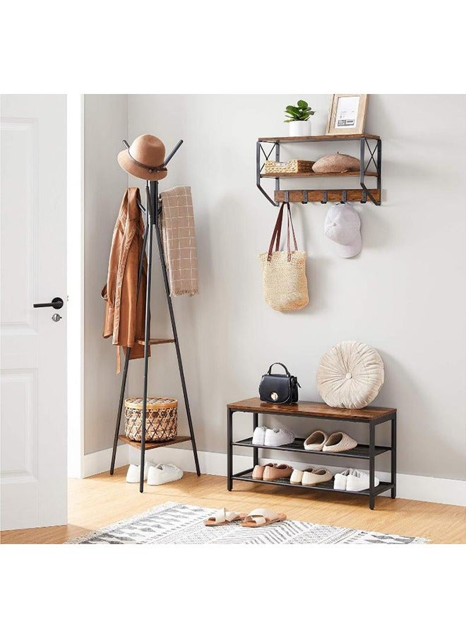 MIXDE Three-Pronged Coat Rack Freestanding, Coat Hanger Stand, Hall Tree With 2 Shelves, For Clothes, Hat, Bag, Industrial Style, Rustic Brown And Black  - Image 2