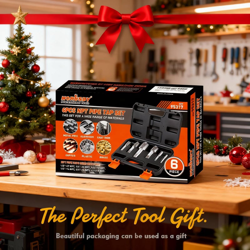 HORUSDY 6-Piece NPT Pipe Tap Set, Carbon Steel Threading Tool Kit for Pipe Taper Threads, Sizes 1/8", 1/4", 3/8", 1/2", 3/4" & 1", Durable Plumbing Tap Set with Storage Case - Image 2