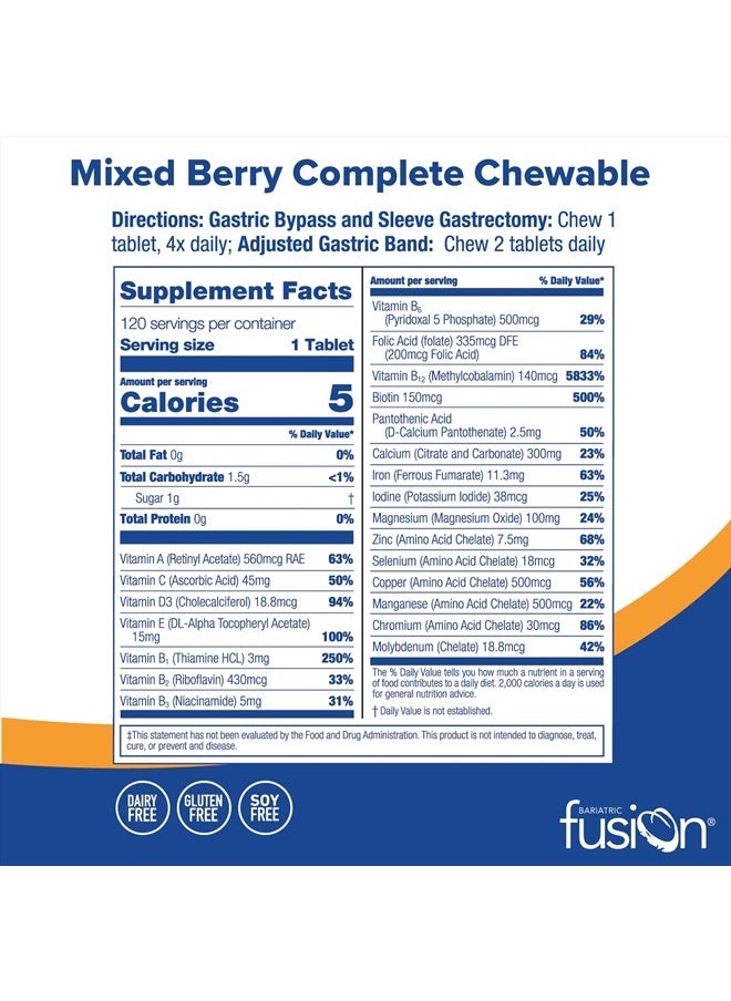 Bariatric Fusion - Mixed Berry Complete Chewable Bariatric Multivitamin with Iron | Post Bariatric Vitamins for Gastric Bypass and Sleeve | Gluten, Dairy and Soy Free | 120 Tablets | 1 Month - Image 1