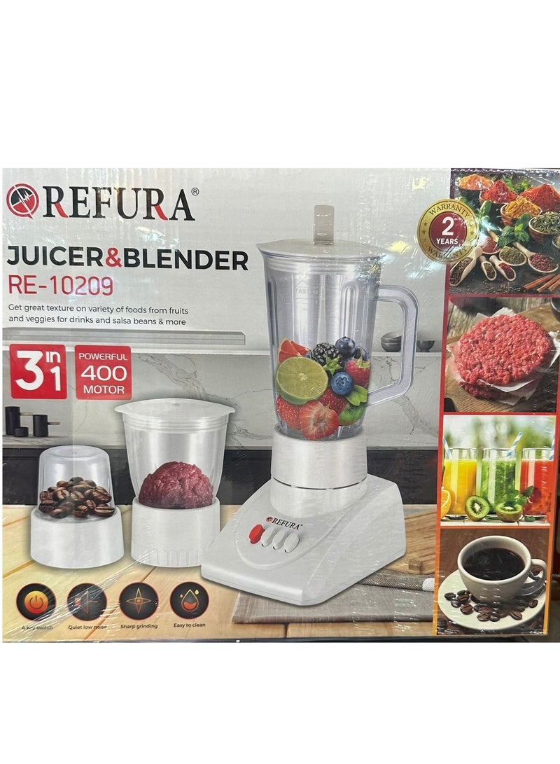 REFURA 3 in 1 Juicer Blender Chopper 400W White RE-10209 Countertop Blender Mixer with Stainless Steel Blade, Safety Lock System, 1.25L Unbreakable Jar, Grinding Cup | Kitchen Appliances - Image 1