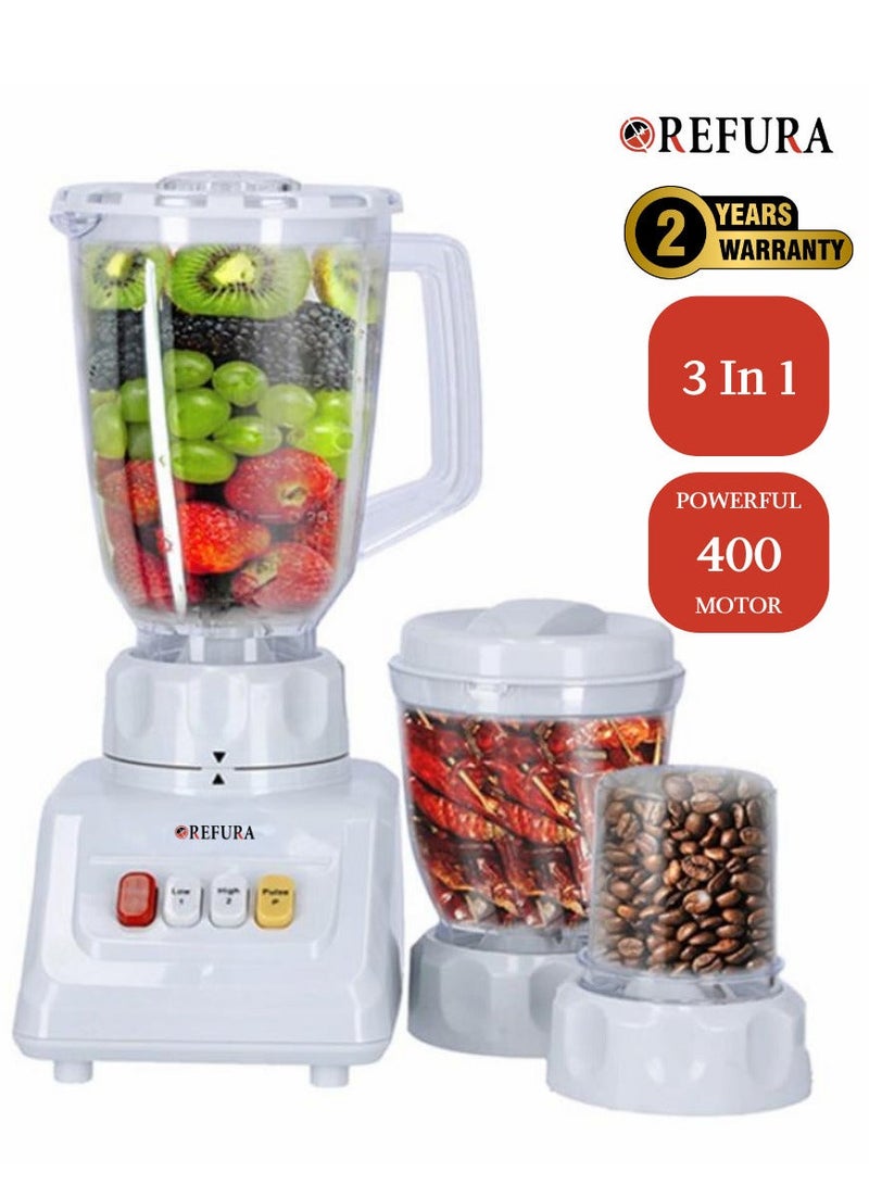 REFURA 3 in 1 Juicer Blender Chopper 400W White RE-10209 Countertop Blender Mixer with Stainless Steel Blade, Safety Lock System, 1.25L Unbreakable Jar, Grinding Cup | Kitchen Appliances  - Image 1