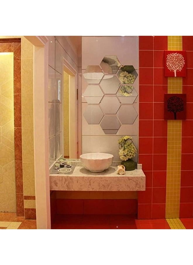 yongsheng 12Pcs Hexagon Acrylic Mirror Wall Sticker, Removable Acrylic Mirror Wall Stickers 3D DIY Wall Decals Art for Room  Silver 100 * 85 * 50mm  - Image 3