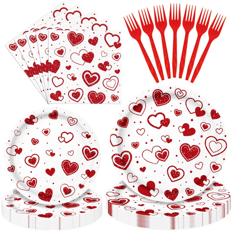 Photken 96 Pieces Valentineâ€™s Day Tableware Set â€“ Red Heart Disposable Plates, Napkins, and Forks for Romantic Dinners, Weddings, Anniversaries, and Love-Themed Parties â€“ Serves 24 - Image 1