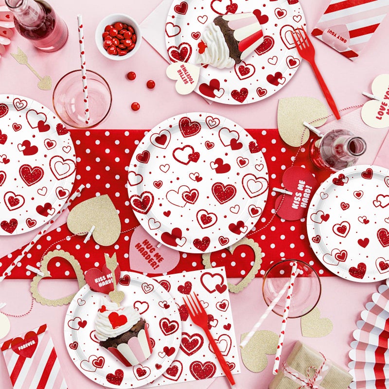 Photken 96 Pieces Valentineâ€™s Day Tableware Set â€“ Red Heart Disposable Plates, Napkins, and Forks for Romantic Dinners, Weddings, Anniversaries, and Love-Themed Parties â€“ Serves 24 - Image 4
