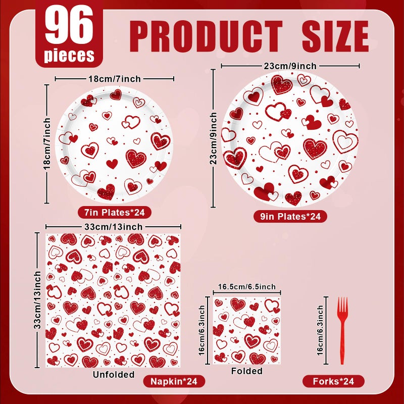 Photken 96 Pieces Valentineâ€™s Day Tableware Set â€“ Red Heart Disposable Plates, Napkins, and Forks for Romantic Dinners, Weddings, Anniversaries, and Love-Themed Parties â€“ Serves 24 - Image 2
