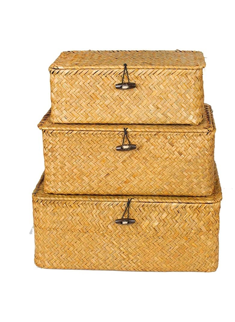 LINGWEI Wooven Storage Basket with Lid Storage Box Bins Handwoven Rattan Basket For Home 3pcs Set  - Image 2