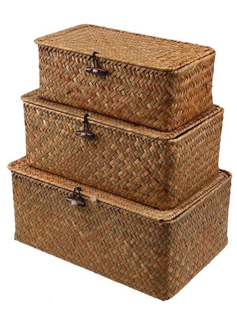 LINGWEI Wooven Storage Basket with Lid Storage Box Bins Handwoven Rattan Basket For Home 3pcs Set  - Image 1