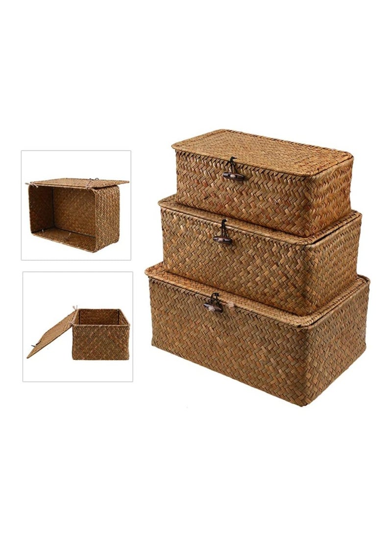 LINGWEI Wooven Storage Basket with Lid Storage Box Bins Handwoven Rattan Basket For Home 3pcs Set  - Image 5