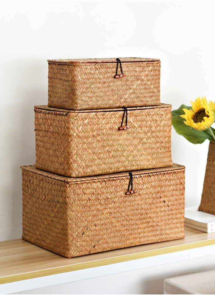LINGWEI Wooven Storage Basket with Lid Storage Box Bins Handwoven Rattan Basket For Home 3pcs Set  - Image 4