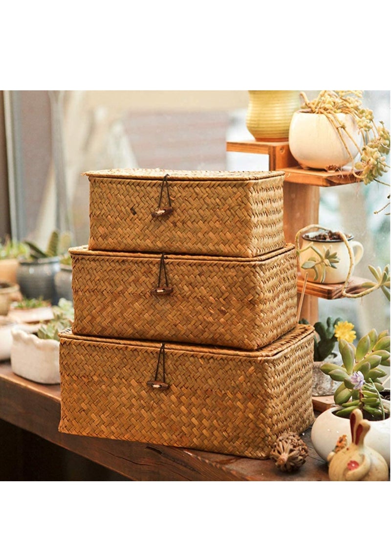 LINGWEI Wooven Storage Basket with Lid Storage Box Bins Handwoven Rattan Basket For Home 3pcs Set  - Image 3