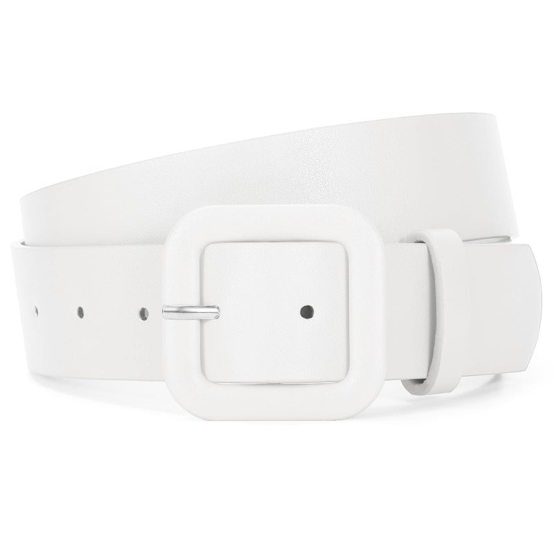 WHIPPY Women Leather Belt Candy Color Fashion Square Buckle Belt Ladies Belt for Jeans Pants Dresses, White, M - Image 1