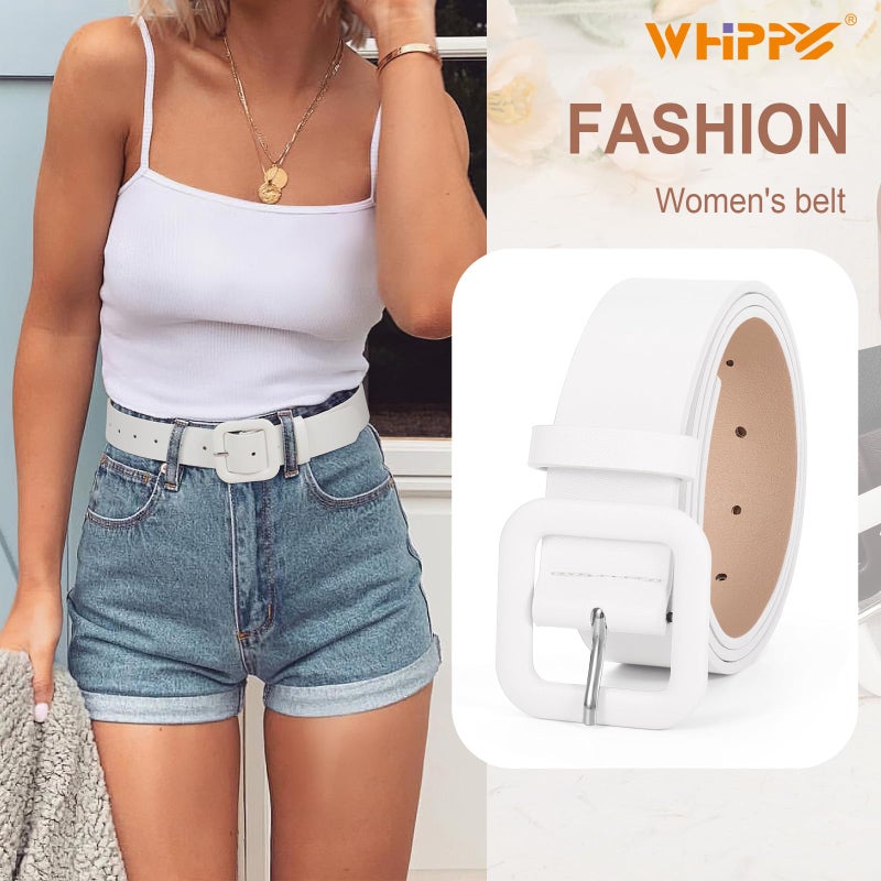 WHIPPY Women Leather Belt Candy Color Fashion Square Buckle Belt Ladies Belt for Jeans Pants Dresses, White, M - Image 2