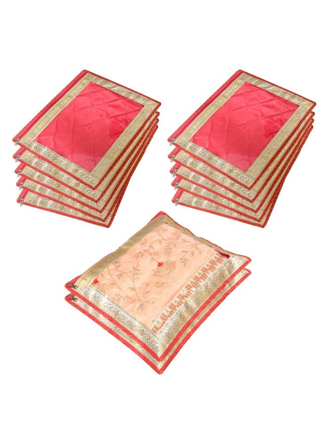 Kuber Industries Satin Saree Cover | Clothes Storage Bag | Single Packing Saree With Zip Closure | Wardrobe Organizer | Cloth Stoarge | 4 Side Lace Saree Cover | Pack Of 12 | Pink, 36 Cm, 1 Cm - Image 1