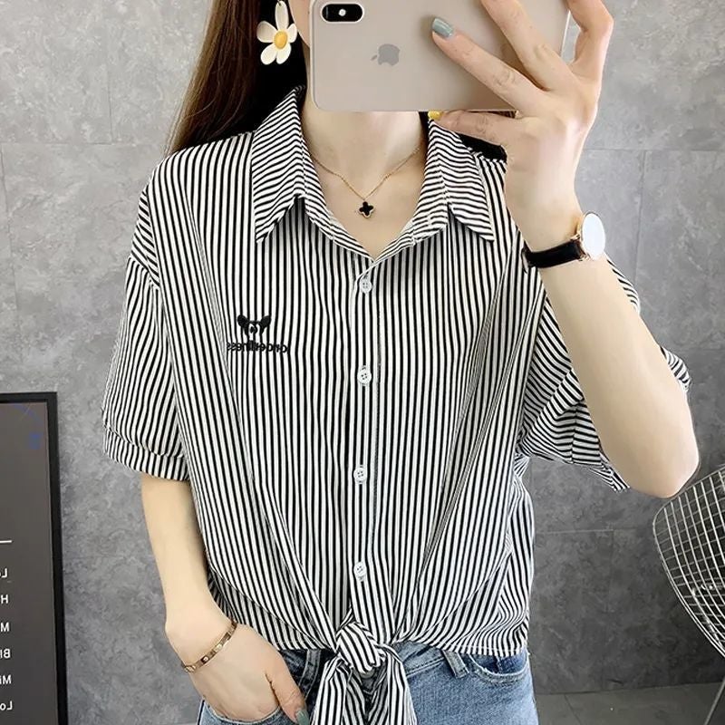 Internet Celebrity Striped Chiffon Sunscreen Clothing 2022 Summer New Short-sleeved Thin Shirt Top Womens Printed Small Shawl Trendy Pink - Image 3