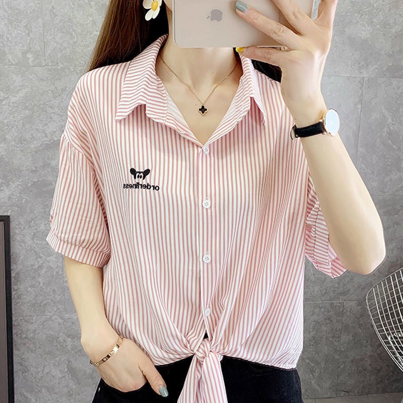 Internet Celebrity Striped Chiffon Sunscreen Clothing 2022 Summer New Short-sleeved Thin Shirt Top Womens Printed Small Shawl Trendy Pink - Image 5