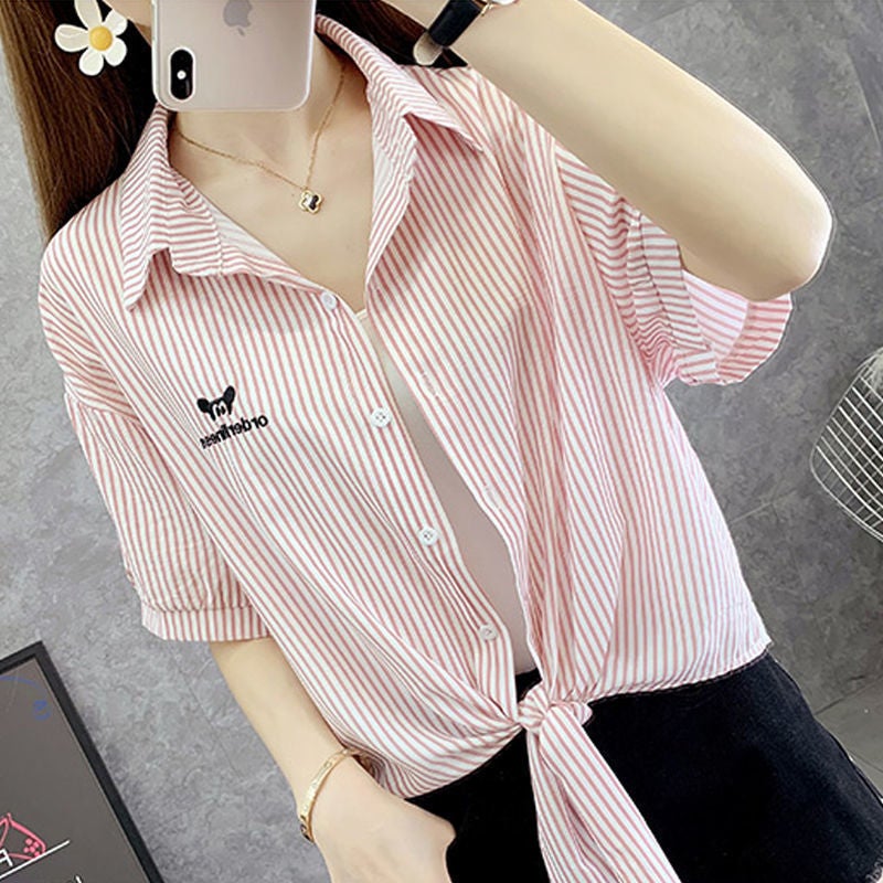 Internet Celebrity Striped Chiffon Sunscreen Clothing 2022 Summer New Short-sleeved Thin Shirt Top Womens Printed Small Shawl Trendy Pink - Image 1