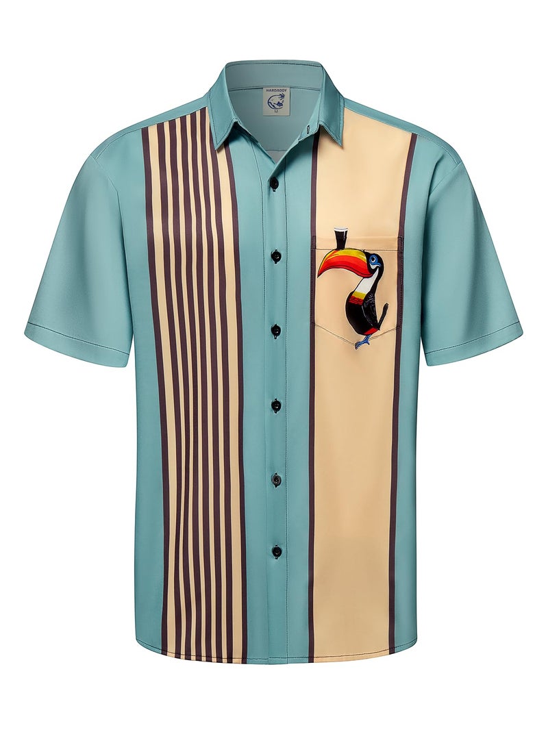 Hardaddy Men's Vintage Bowling Shirt Short Sleeve Button Down Hawaiian Summer Beach Printed Casual Shirts Coffer Green XL - Image 1
