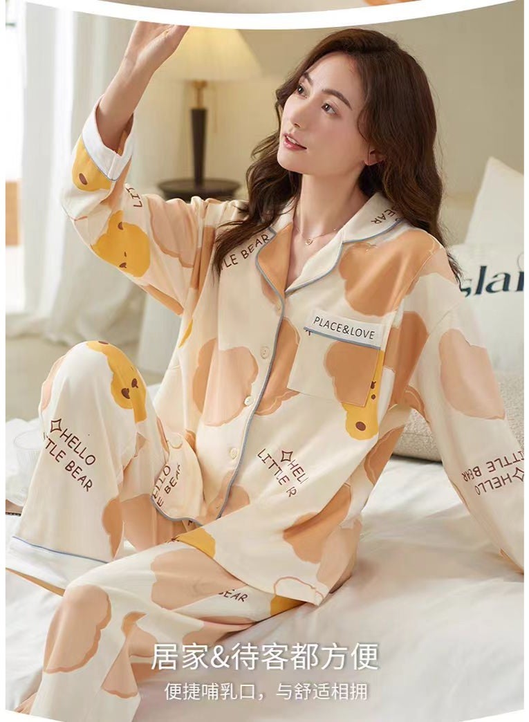 SKT Shiketro Women's Maternity and Nursing Pajama Set, Postpartum Home Wear, Double-Layer Long-Sleeved Pajamas (Yellow) - Image 5