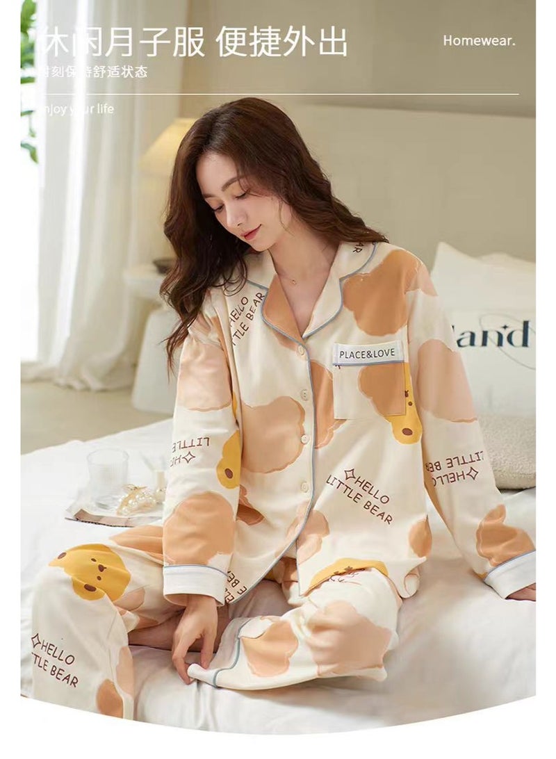 SKT Shiketro Women's Maternity and Nursing Pajama Set, Postpartum Home Wear, Double-Layer Long-Sleeved Pajamas (Yellow) - Image 2