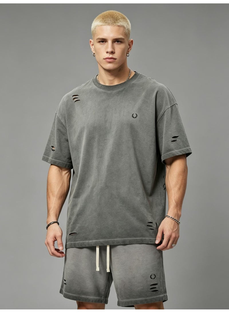 فريد بيري FRED PERRY Retro Wash Loose Short-Sleeved T-Shirts and Casual Shorts - Image 5
