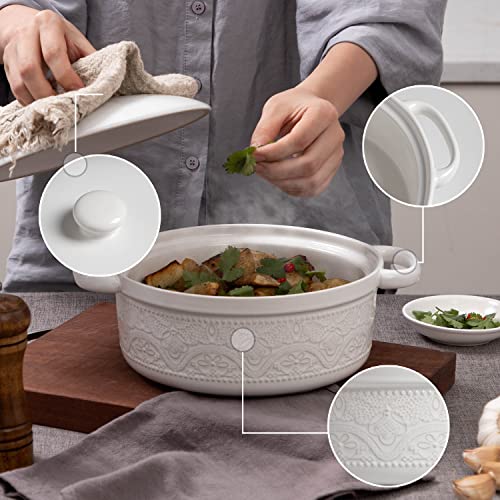 FE FUN ELEMENTS FUN ELEMENTS Casserole Dish, 2 Quart Lace Emboss Dish with Lid, Oven to Table Ceramic Round Serving Handles for Dinner and Party, Thanksgiving Christmas Gifts(Bright White) - Image 3