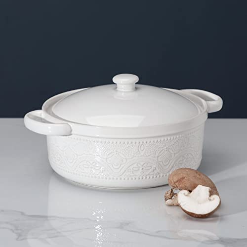 FE FUN ELEMENTS FUN ELEMENTS Casserole Dish, 2 Quart Lace Emboss Dish with Lid, Oven to Table Ceramic Round Serving Handles for Dinner and Party, Thanksgiving Christmas Gifts(Bright White) - Image 2