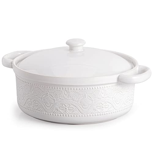 FE FUN ELEMENTS FUN ELEMENTS Casserole Dish, 2 Quart Lace Emboss Dish with Lid, Oven to Table Ceramic Round Serving Handles for Dinner and Party, Thanksgiving Christmas Gifts(Bright White) - Image 1