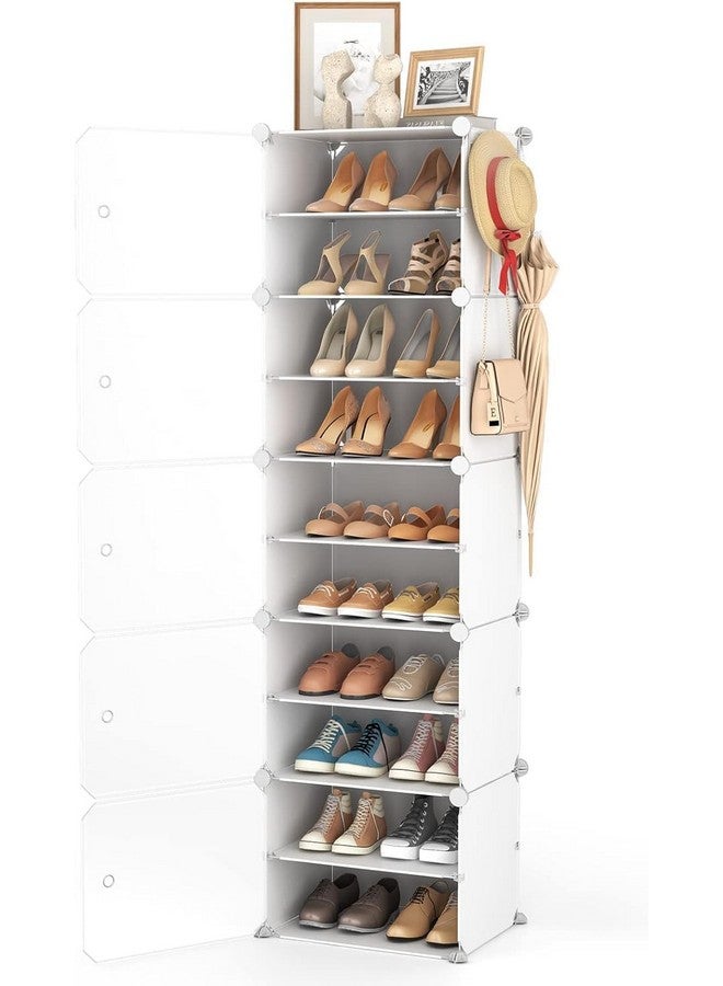 AYSIS DIY Shoe Rack for Home ^ 10 Layers Shoe Shelf Storage Cabinet Plastic Shoe Shelves Organizer/Multi-Purpose for Heels, Boots Plastic Portable and Folding Shoe Rack (10-SHELF-5-DOOR-WHITE) - Image 3